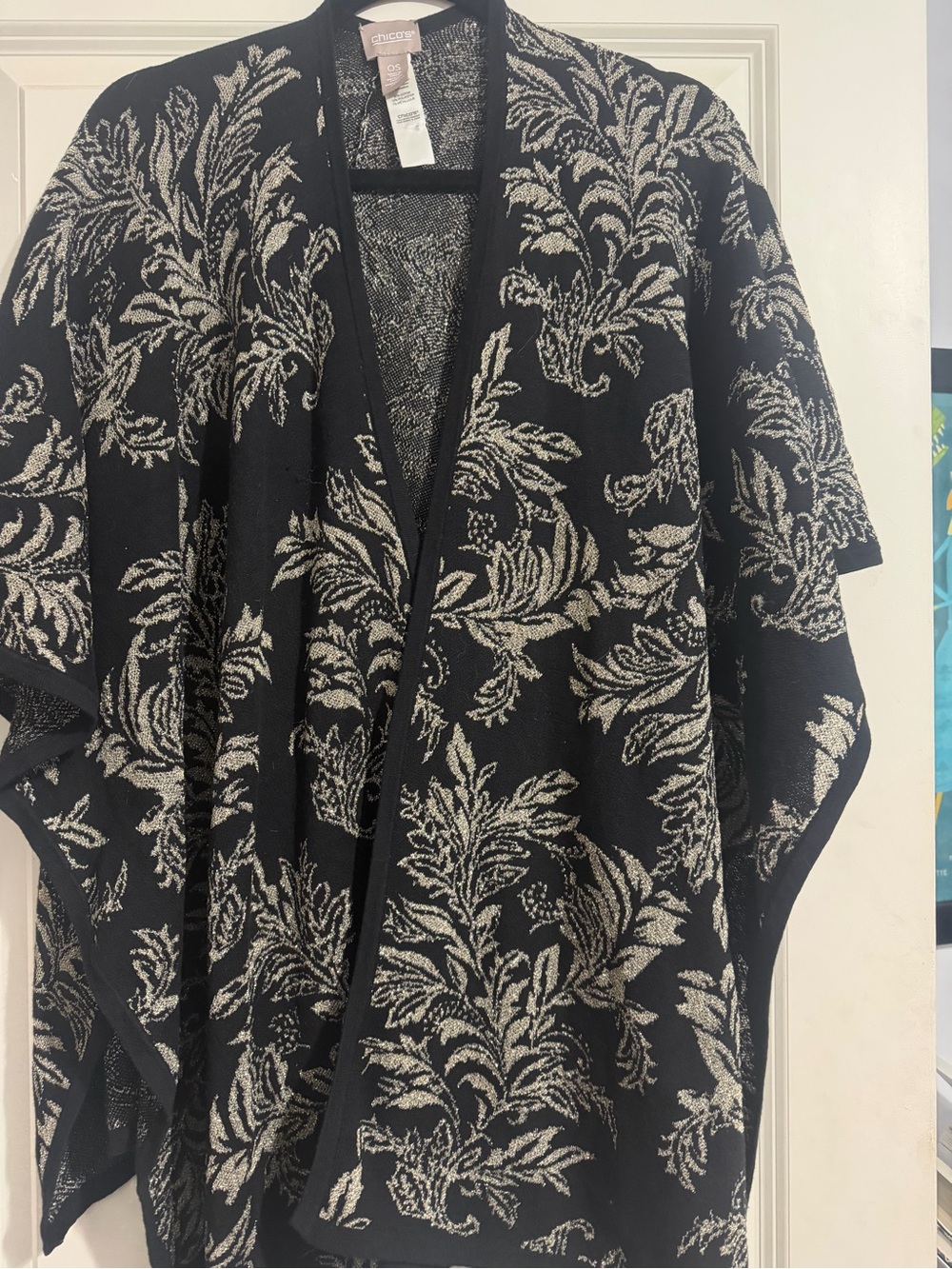 Chico's Black & Metallic Gold Floral Knit Wrap Cape